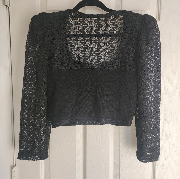 Vintage Black Lace Crop Top with 3/4 Lace Sleeves | Large | Whimsigoth - Picture 8 of 11